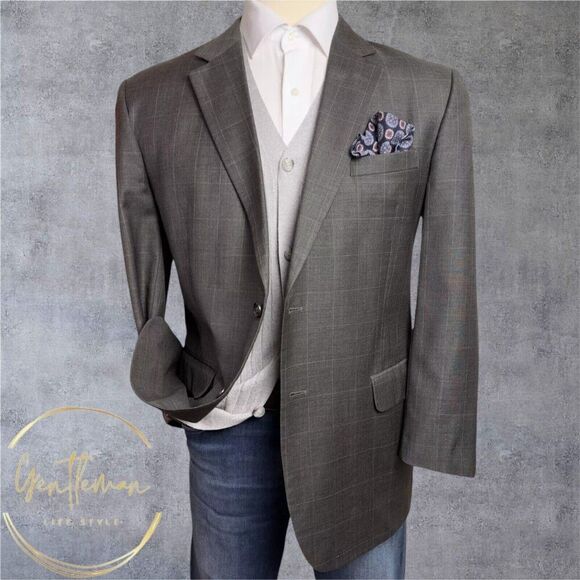 JOS A BANK Mens Blazer Sport Coat Two Button Jacket 46R Brown Wool Windowpane - Picture 1 of 11